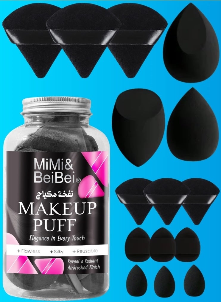 MiMi & BeiBei 15Pcs Makeup Sponge Set Black Beauty Blender Sponge for Foundation Blending with 6Pcs Triangle Powder Puff, 3Pcs Mini Makeup Sponges & 3Pcs Foundation Mini Make Up Sponge Puffs - Image 1